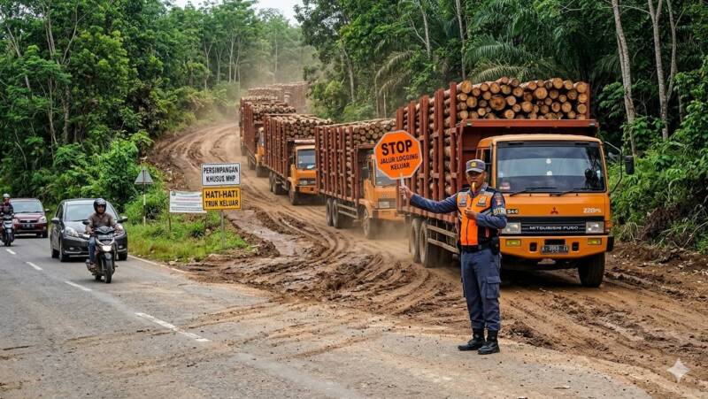 Ilustrasi foto AI Flagman PT MHP sedang pengatur lalu lintas truk loging melintasi jalan umum. (Dok/tintamerah)
