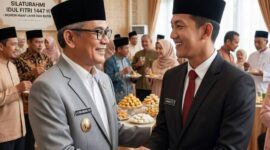 Ilustrasi foto AI silaturahmi Buapti PALI, Asgianto dengan mantan Bupati PALI, Heri Amalindo, pada momen Idul Fitri 1447 H. (Dok/tintamerah)