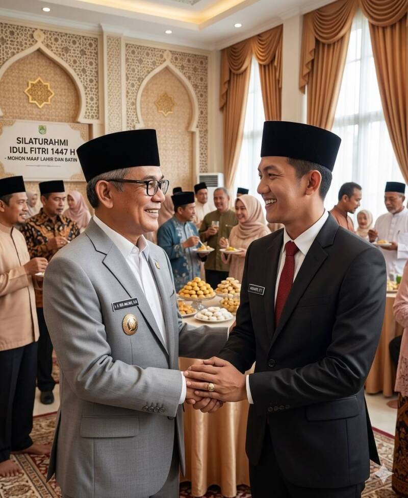 Ilustrasi foto AI silaturahmi Buapti PALI, Asgianto dengan mantan Bupati PALI, Heri Amalindo, pada momen Idul Fitri 1447 H. (Dok/tintamerah)