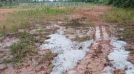 Cairan putih pekat yang diduga limbah B3 tampak menggenangi area tanah di sekitar salah satu lokasi sumur bor milik Pertamina Adera Field di Desa Karta Dewa, Kamis (2/4/2026). Tumpahan ini memicu keresahan warga karena mencemari jalan umum dan lingkungan sekitar tanpa pengamanan. (Foto: Dok/tintamerah)