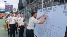 Kepala Rutan Kelas I Palembang, Muhammad Rolan, menandatangani komitmen bersama jajaran untuk menyapu bersih peredaran narkoba dan penggunaan handphone ilegal di lingkungan Rutan, Sabtu (18/4). Langkah ini menjadi bukti nyata integritas petugas dalam menjaga keamanan dan ketertiban tanpa kompromi. (Foto: Dok/yulie)