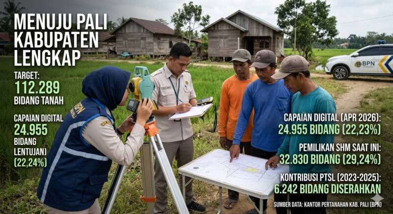 Foto ilustrasi AI: Petugas Badan Pertanahan Nasional (BPN) Kabupaten PALI melakukan pengukuran lahan warga menggunakan alat theodolite dan mencocokkan dokumen peta bidang tanah di area permukiman Bumi Serepat Serasan. Hingga April 2026, BPN terus memacu target pemetaan digital terhadap 112.289 bidang tanah guna memberikan kepastian hukum dan mewujudkan program