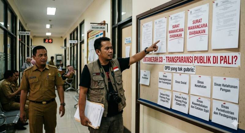Seorang jurnalis tintamerah.co menunjuk papan pengumuman yang merilis daftar hitam 8 Organisasi Perangkat Daerah (OPD) di Kabupaten PALI yang mengabaikan surat wawancara resmi terkait transparansi program kerja tahun anggaran 2026 di depan koridor Kantor Diskominfo PALI, Senin (25/5/2026). Delapan instansi yang dinilai menutup diri dari publikasi tersebut meliputi Dinas Pendidikan, Disnakertrans, Dinas Sosial, Dinas Kesehatan, Dinas Ketahanan Pangan, Satpol PP, Disdukcapil, serta Disperindag. (Foto: Ilustrasi AI. Dok/ tintamerah.co)