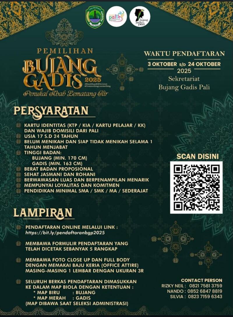 Brosur pendaftaran Pemilihan Bujang Gadis PALI (BGP) 2025. Sebanyak 26 finalis melayangkan protes keras terkait pembatalan sepihak malam Grand Final yang hingga kini belum ada kejelasan konkret dari pihak panitia maupun Disbudpar PALI. (Foto: Dok/Istimewah)