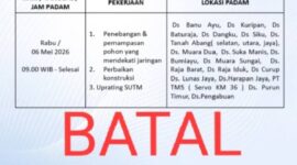 Selebaran resmi dari PLN UP3 Lubuk Linggau ULP Pendopo yang menyatakan pembatalan rencana pemeliharaan jaringan listrik pada Rabu (6/5/2026). Manajer PLN ULP Pendopo, Dede Irawan, mengonfirmasi pasokan listrik ke puluhan desa yang sebelumnya dirilis akan terdampak, kini dipastikan tetap menyala dan berjalan normal seperti biasa. (Foto: Dok/PLN ULP Pendopo)