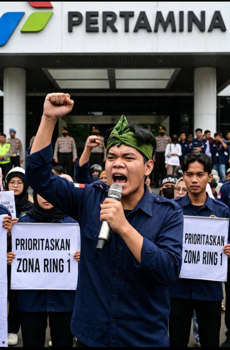Ketua APMAB, Aki Musholah, memimpin langsung orasi di depan massa aksi dengan tangan mengepal dan suara lantang, menuntut Pertamina Field Adera menghentikan marginalisasi tenaga kerja lokal serta memprioritaskan secara mutlak hak-hak ekonomi rakyat di wilayah operasional Zona Ring 1. (Foto: Dok/ APMAB)