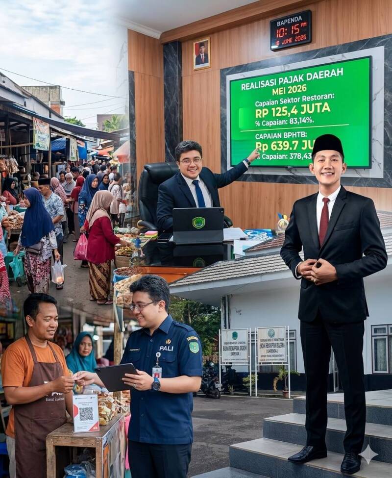 Melalui sentuhan tangan Kaban Bapenda PALI Aryansyah, sektor pajak daerah di Kabupaten Penukal Abab Lematang Ilir (PALI), Sumatera Selatan melejit melebihi target bulanan pada tahun 2026. Laporan tintamerah.co mencatat lonjakan tajam pada Pajak Restoran sebesar 83,14% dan BPHTB mencapai 378,43% per Mei 2026. Ilustrasi AI ini menggambarkan bagaimana efektivitas ruang kontrol digital dan pendekatan digitalisasi UMKM di Pasar PALI menjadi kunci keberhasilan Kaban Bapenda Aryansyah (tengah) dalam menerjemahkan Visi Hebat Bupati Asgianto (kanan) di era baru kepemimpinan. (Foto ilustrasi AI: Dok/tintamerah.co)
