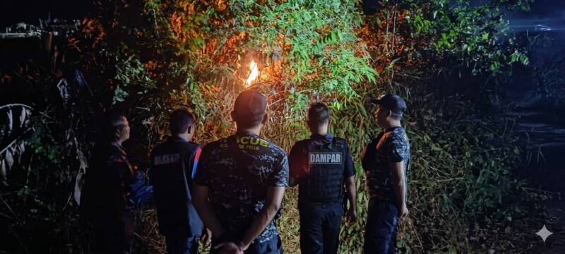 Sejumlah personel Tim Rescue Damkar Kabupaten PALI saat memusnahkan sarang tawon ‘Gong’ menggunakan metode pembakaran di kawasan Golf Permai, Jalan Merdeka KM 5, Talang Ubi pada malam hari. Langkah ini diambil guna memastikan koloni tawon musnah total demi keselamatan warga dan kru redaksi tintamerah.co. (Foto: Dok/tintamerah.co)