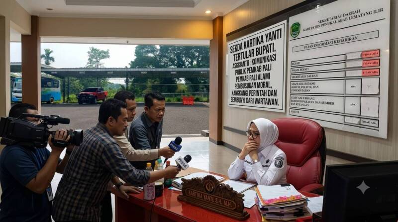 Foto ilustrasi rekaan AI yang menggambarkan suasana saat awak media berusaha meminta konfirmasi Sekda PALI Kartika Yanti diduga sengaja menghindari kejaran dan wawancara awak media terkait jalannya roda pemerintahan, Rabu (10/6/2026). Aksi