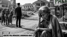 KACAU! Seorang warga terduduk lesu di depan gerbang Kantor Bupati PALI, Sumatera Selatan. Imbas rentetan kasus hukum yang menyeret sejumlah pejabat, roda birokrasi dan pembangunan di PALI dilaporkan berjalan ‘Siput’ akibat aksi 