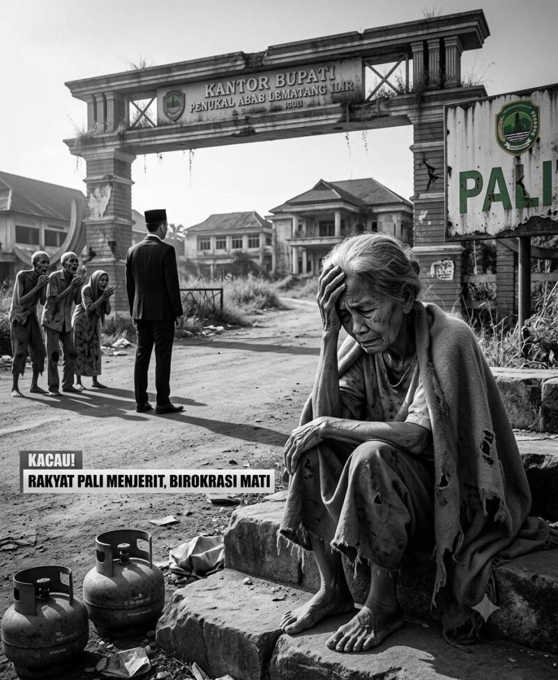 KACAU! Seorang warga terduduk lesu di depan gerbang Kantor Bupati PALI, Sumatera Selatan. Imbas rentetan kasus hukum yang menyeret sejumlah pejabat, roda birokrasi dan pembangunan di PALI dilaporkan berjalan ‘Siput’ akibat aksi