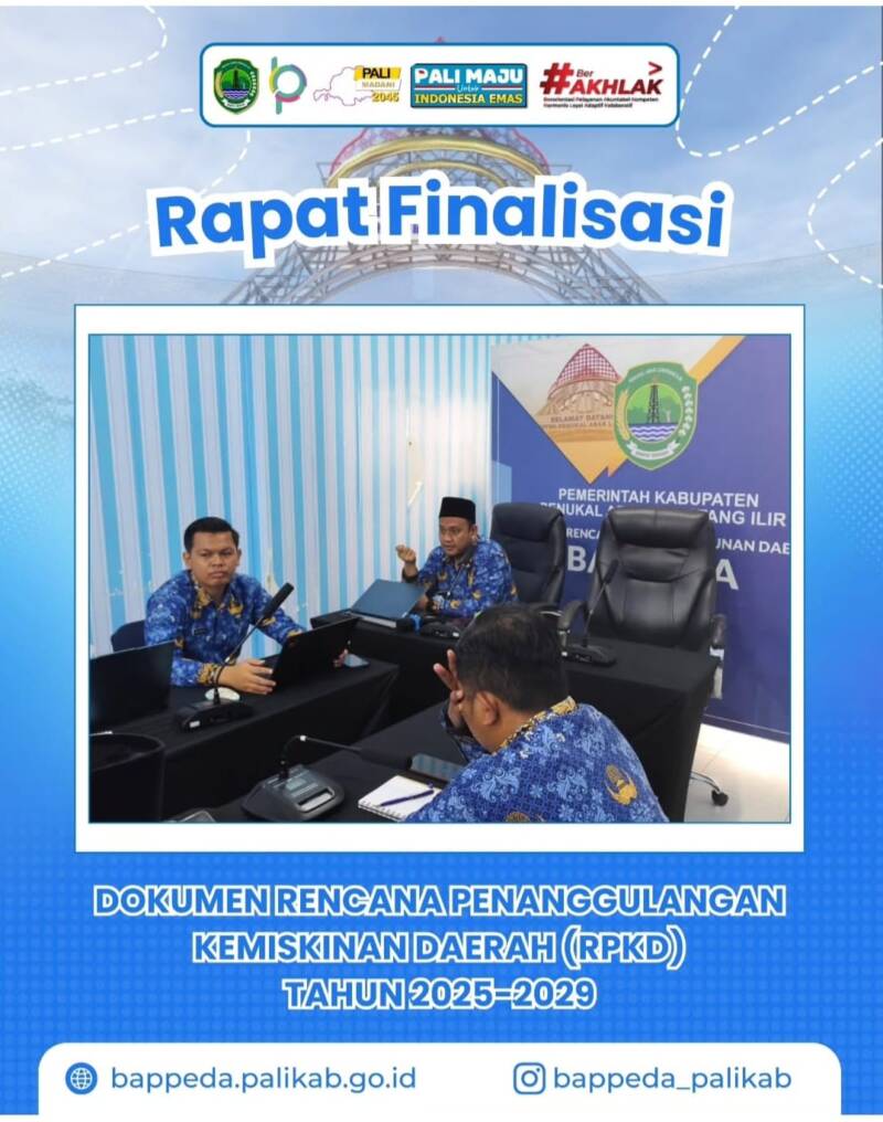 Jajaran Badan Perencanaan Pembangunan Daerah (Bappeda) Kabupaten PALI saat menggelar Rapat Finalisasi Dokumen Rencana Penanggulangan Kemiskinan Daerah (RPKD) Tahun 2025-2029 di Kantor Bappeda PALI. Melalui komitmen Kepala Bappeda PALI Hj. Rina Anggraini, ST., MT., di tahun anggaran 2026 ini pemerintah daerah fokus menggempur angka kemiskinan ekstrem melalui validasi data berbasis desa, perlindungan pekerja rentan, serta penguatan program unggulan 