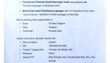 Salinan Surat Keterangan Tanah (SKT) Nomor: 140/066/DT/V/2026 atas nama Suparin seluas ± 7,6 Hektar yang resmi diterbitkan Pemdes Tempirai setelah melalui proses audit khusus Inspektorat PALI. Terbitnya SKT ini mematahkan klaim sepihak mafia tanah dalam skandal proyek Cetak Sawah di Paye Tempirai. (Foto: Dok/YKBHN)