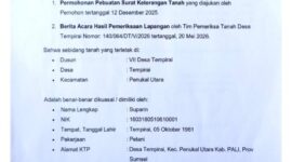 Salinan Surat Keterangan Tanah (SKT) Nomor: 140/066/DT/V/2026 atas nama Suparin seluas ± 7,6 Hektar yang resmi diterbitkan Pemdes Tempirai setelah melalui proses audit khusus Inspektorat PALI. Terbitnya SKT ini mematahkan klaim sepihak mafia tanah dalam skandal proyek Cetak Sawah di Paye Tempirai. (Foto: Dok/YKBHN)