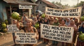 JERITAN EMAK-EMAK PALI. Seorang warga histeris meratapi kelangkaan dan melambungnya harga LPG 3 kg yang menembus Rp32.000 hingga Rp40.000 per tabung di Simpang Raja, RT 22/RW 05, Kelurahan Handayani Mulya, Talang Ubi, PALI, Sabtu (6/6/2026). Warga mendesak APH segera menyidak dan menangkap agen nakal karena harga tersebut jauh mencekik di atas HET resmi pemerintah (Rp16.000 - Rp18.500). (Foto: Ilustrasi AI. Dok/ tintamerah.co)
