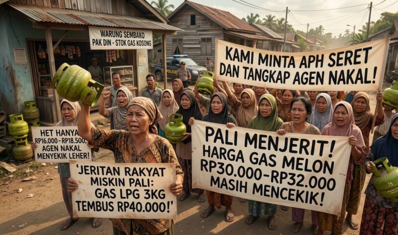 JERITAN EMAK-EMAK PALI. Seorang warga histeris meratapi kelangkaan dan melambungnya harga LPG 3 kg yang menembus Rp32.000 hingga Rp40.000 per tabung di Simpang Raja, RT 22/RW 05, Kelurahan Handayani Mulya, Talang Ubi, PALI, Sabtu (6/6/2026). Warga mendesak APH segera menyidak dan menangkap agen nakal karena harga tersebut jauh mencekik di atas HET resmi pemerintah (Rp16.000 - Rp18.500). (Foto: Ilustrasi AI. Dok/ tintamerah.co)