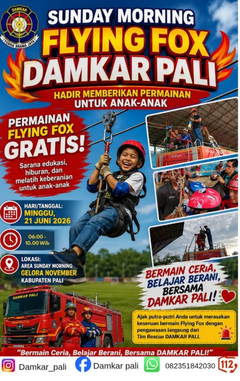 Ayo seru-seruan bareng Damkar PALI! Minggu ini ada Flying Fox Gratis buat anak-anak di Area Sunday Morning Gelora November. Jangan sampai kelewatan! (Foto: Dok/Damkar PALI)