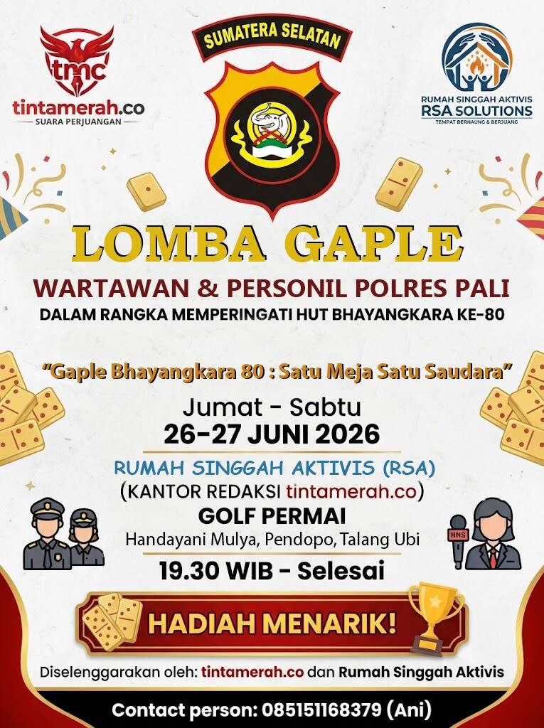 Satu Meja, Satu Saudara! 🎲 Sambut HUT Bhayangkara ke-80, Rumah Singgah Aktivis & tintamerah.co gelar turnamen gaple terbuka bagi insan pers, Polres PALI, dan Diskominfo PALI. Ajang mempererat sinergi pilar demokrasi dan pemerintah daerah. Yuk, ramaikan dan uji strategi Anda! #HUTBhayangkara80 #PolresPALI #Tintamerah #RumahSinggahAktivis #SinergiPersPolri #PALI (Foto: Dok/tintamerah.co)