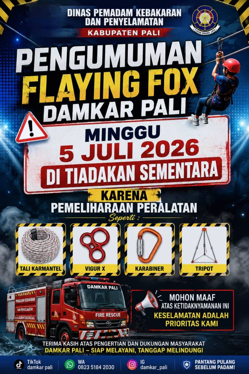 Demi menjaga standar keselamatan tertinggi, Damkar PALI menghentikan sementara operasional wahana Flying Fox untuk melakukan pemeliharaan peralatan secara menyeluruh, (Foto: Dok/Damkar PALI)