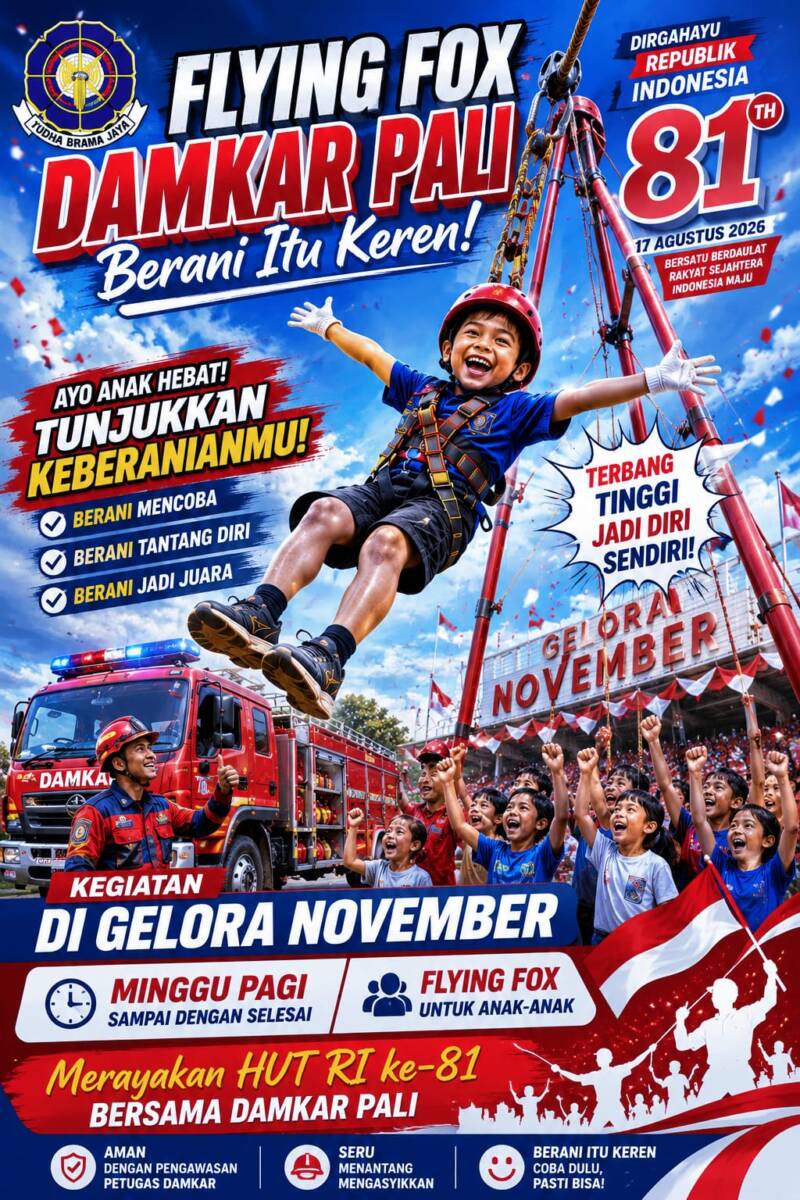 Gelora semangat kemerdekaan membara di Gelora November, Pendopo. Wahana Flying Fox gratis persembahan Damkar PALI kembali hadir menyapa warga dengan pengawasan ketat personel profesional berstandar zero accident. Ayo anak hebat, tunjukkan keberanianmu menyambut HUT RI ke-81 karena Berani Itu Keren! (Foto: Dok/ Damkar PALI)  