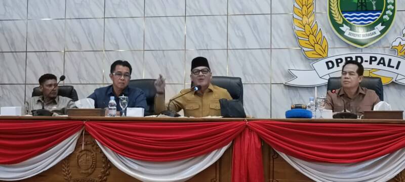 Suasana Rapat Dengar Pendapat (RDP di Ruang Rapat Paripurna DPRD PALI, Senin (10/8/2026), di mana Anggota DPRD dari Fraksi Golkar, Darmadi Suhaimi, menyampaikan pandangan kontroversialnya terkait polemik perizinan PT Aburahmi. Tampak pimpinan sidang dan anggota dewan lain menyimak pernyataan yang menyebut perusahaan tersebut sebagai 