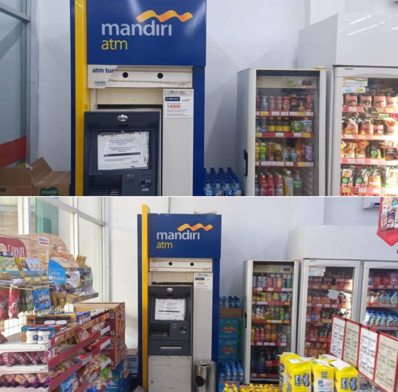 Penampakan fisik mesin ATM Mandiri di Indomaret Simpang Empat (foto atas) dan Alfamart Simpang Lima (foto bawah) yang mati total dan tidak layak pakai. Minimnya pemeliharaan dari Bank Mandiri Cabang Pendopo dinilai merugikan dan mencederai kepercayaan nasabah di Kabupaten PALI. (Foto: Dok/tintamerah.co)